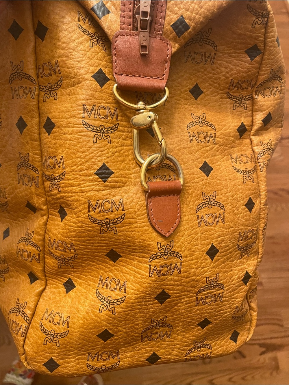 MCM Cognac Coated Canvas Satchel with Black Monogram and Gold Hardware - Picture 13 of 14